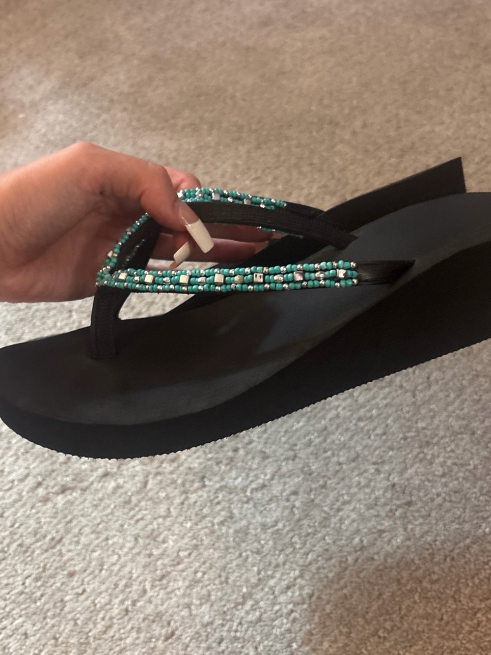 Black Wedge Flip Flops with Teal Beaded Straps